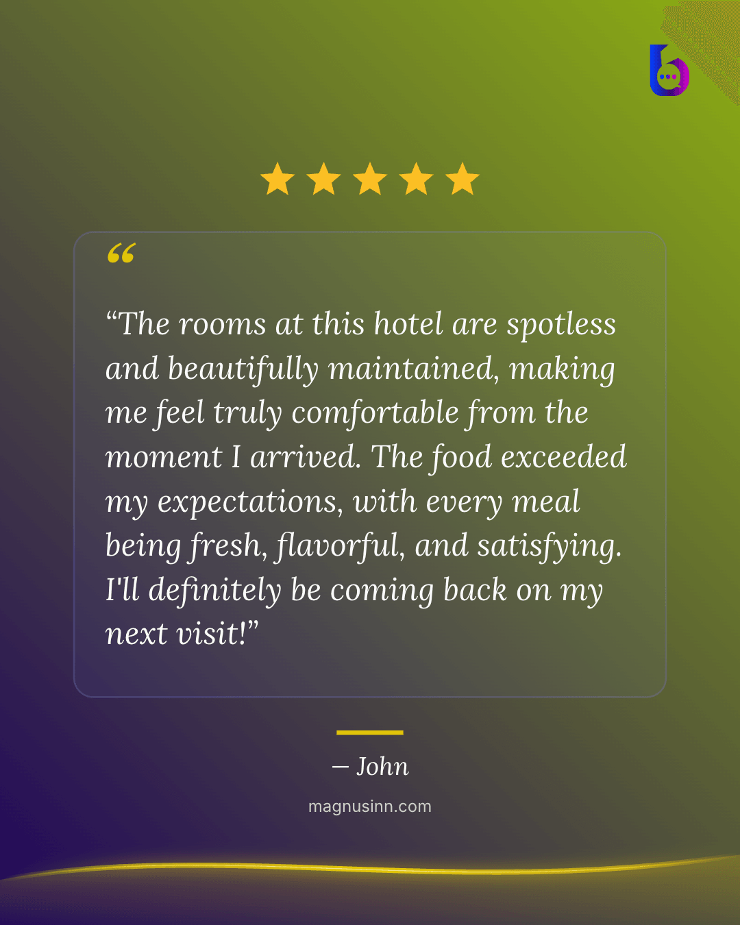 A Beautimonial social card in an olive-and-purple gradient theme with a consistent yellow accent.